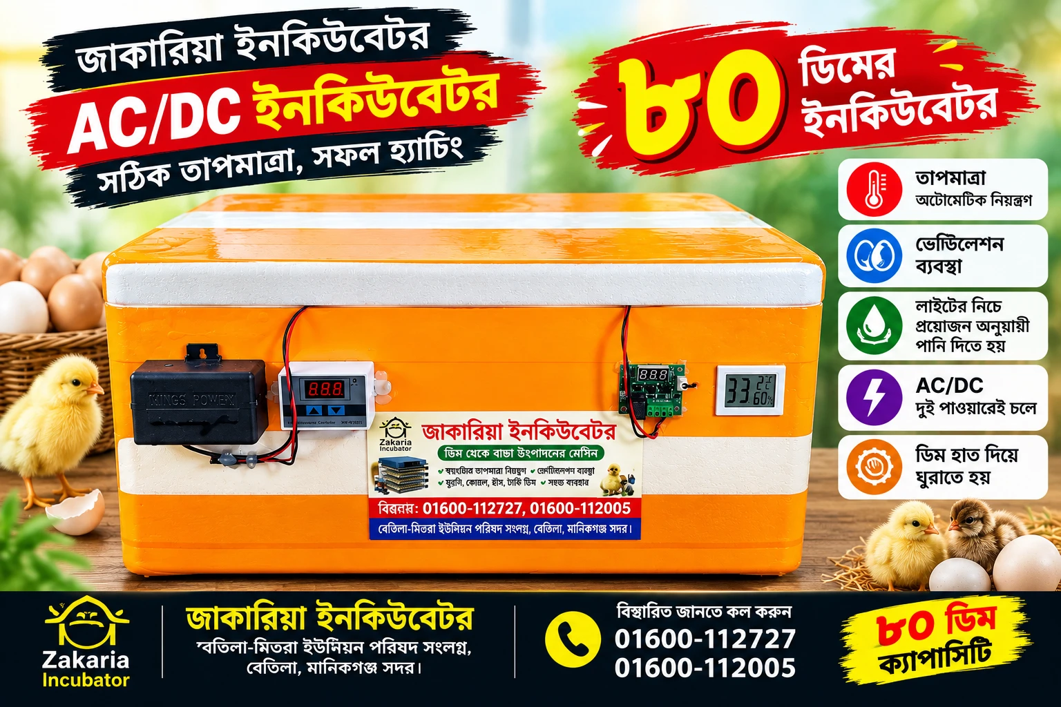 ৮০ ডিমের (AC+DC) ইনকিউবেটর | জাকারিয়া ইনকিউবেটর