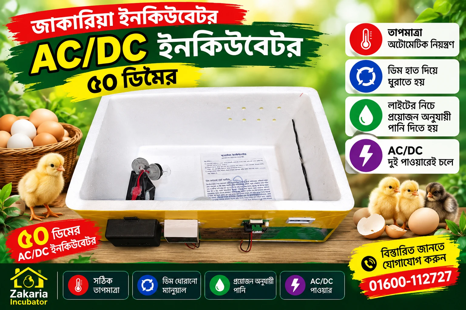৫০ ডিমের (AC+DC) ইনকিউবেটর | জাকারিয়া ইনকিউবেটর