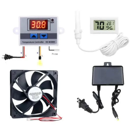 XH-W3001 Temperature Controller 4-in-1 Combo Pack | XH-W3001 Thermostat Module + Digital Hygrometer + 3” Cooling Fan + 12V 2A Adapter | Ideal for Egg Incubator, Greenhouse & DIY Projects